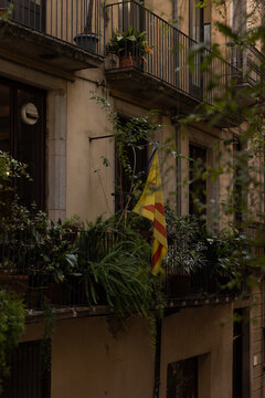lush balcony, Girona, Spain, spanish flag, traditional building
