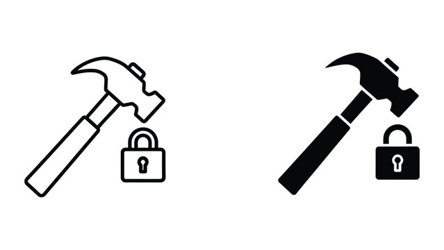 Black and white hammer breaking padlock icon