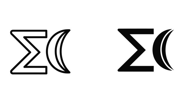 Black and white sigma symbol with crescent moon icon set