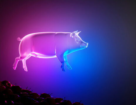 A pink pig flying over pile of apples