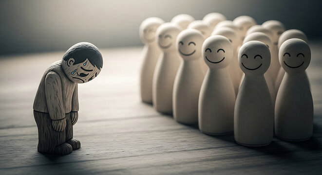 Sad wooden figure excluded from group. Concept of bullying, isolation, loneliness, and mental health in society or school. JPEG