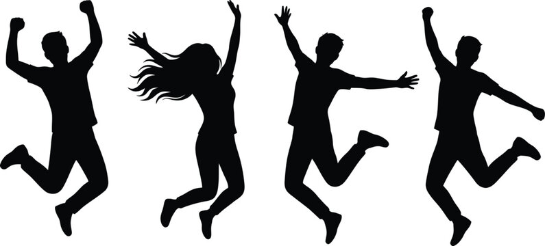 Jumping people silhouettes, black human figures, dynamic poses, running and dancing icons, four character set