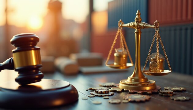 Golden scales of justice and gavel rest on wooden table near shipping containers. Legal concept for trade, commerce and global law regulation. Court, judgement, agreement.