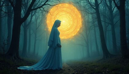 Naklejka premium Mysterious woman in light blue dress stands in foggy forest. Bright sun spiral hovers above trees. Ethereal scene with gothic and fantasy elements. Path leads into mist. Dramatic lighting.