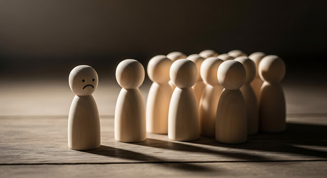 Sad wooden figure excluded from group. Concept of bullying, discrimination, isolation, loneliness, and mental health in society, workplace or school. JPEG