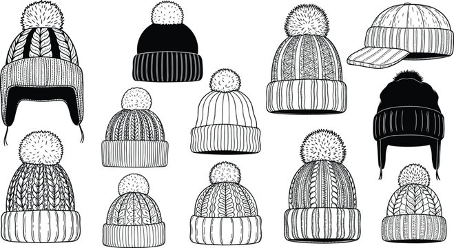 Collection of Hand-Drawn Winter Hats with Pom Poms in Black and White Vector Illustration