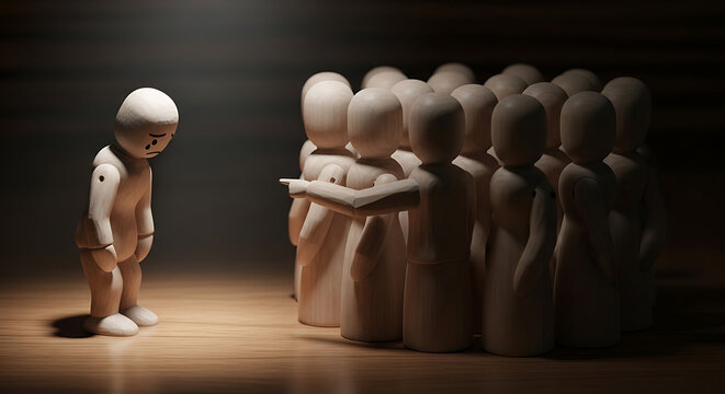 Sad wooden figure excluded from group. Concept of bullying, discrimination, isolation, loneliness, and mental health in society, workplace or school. JPEG