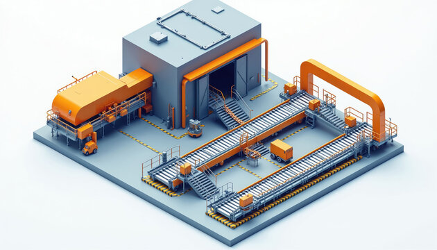 Industrial factory setup with conveyor belts and machinery. Automated production line with orange components and grey structure. Logistics and manufacturing concept illustration.