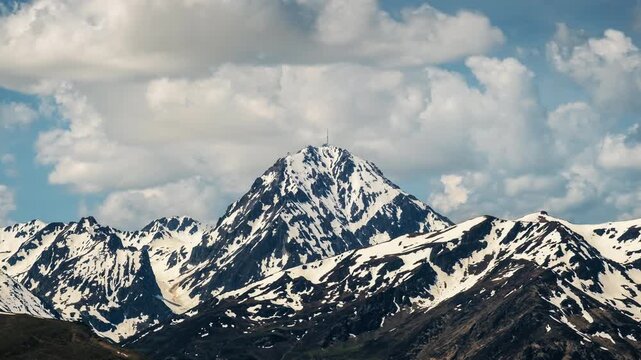 Time-lapse of clouds passing the snow covered Pic du Midi mountain in the French Pyrenees viewed from the Col d&rsquo;Aspin