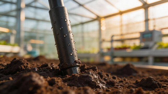 A black sensor probe with water droplets inserted into rich soil inside a bright greenhouse
