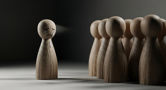 Sad wooden figure excluded from group. Concept of bullying, discrimination, isolation, loneliness, and mental health in society, workplace or school. JPEG