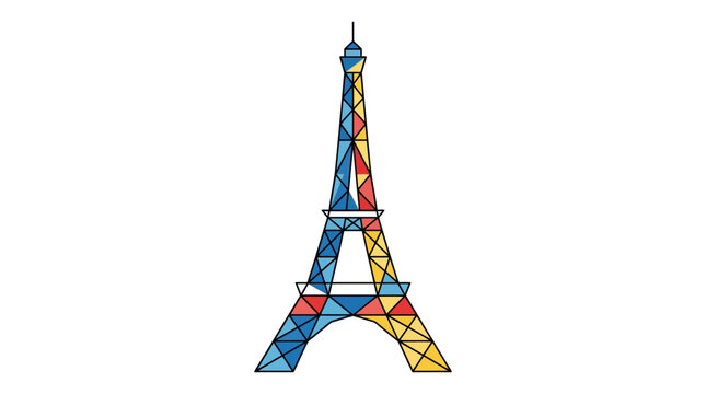 Abstract Eiffel Tower illustration with geometric shapes and a vibrant tricolor palette