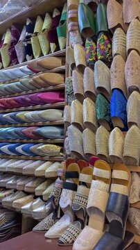 Traditional Moroccan shoes, babouches, on display