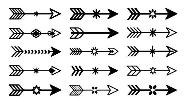 Set of flat design arrow icons with different decorative arrowheads and stars