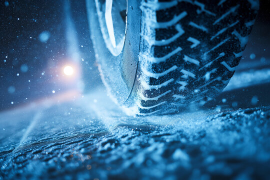 Close-up of a winter studded tire rolling on icy road, snow particles scattering, cold blue light, frost patterns visible on surface