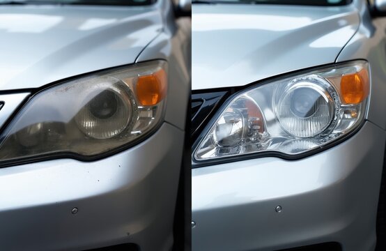Car headlight before and after cleaning. Restoration improves clarity and brightness. Dull yellowed plastic becomes clear and shiny. Improves visibility for safer driving at night.