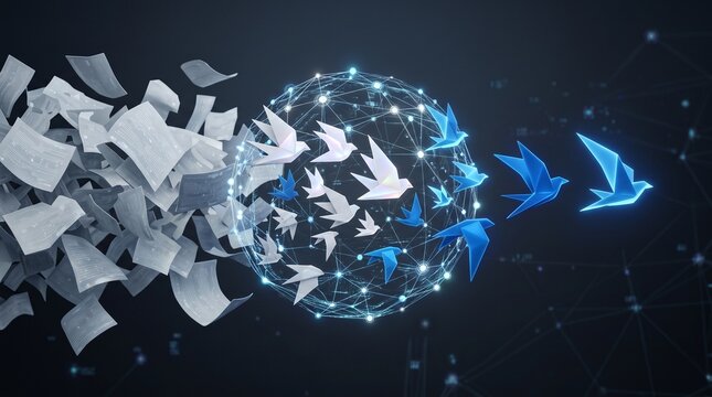 Paper documents transforming into digital origami birds flying through a futuristic glowing network globe representing data migration.