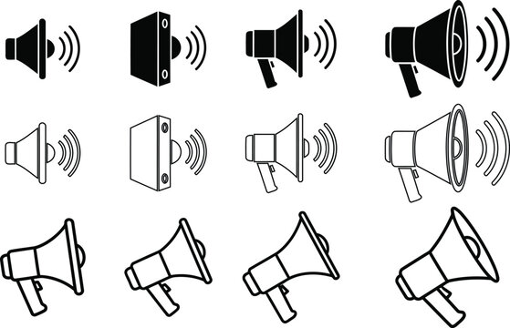 Collection of speaker and megaphone icons in black and white