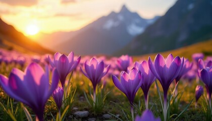 Fototapeta premium Purple crocus flowers bloom in mountain meadow during sunrise. Gentle sun light hits petals. Mountains form background landscape. Springtime nature scene.