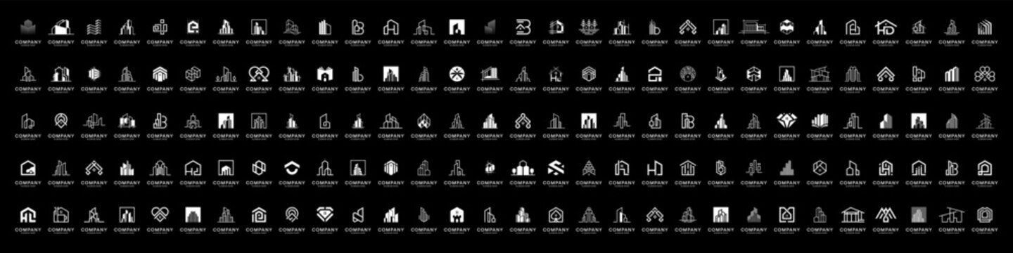 Set of city construction with building real estate apartment logo design inspiration. Geometric abstract logo icon vector isolated on black background.