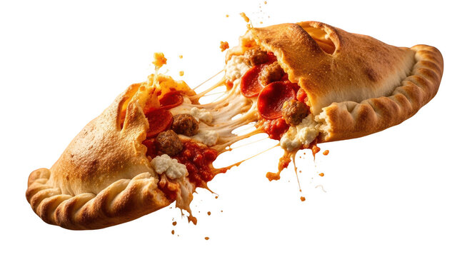 delicious calzone exploding with melted cheese and tomato sauce isolated on transparent background