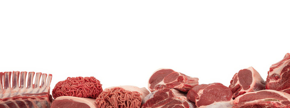 Assorted raw red meat cuts including ground meat and ribs isolated on a plain white background