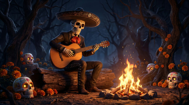 Day of the dead skeleton playing guitar by a campfire in dark forest