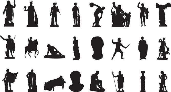 Ancient Greek and Roman statues silhouette set featuring classical sculptures of gods warriors and philosophers isolated on white background for history vector illustration collection