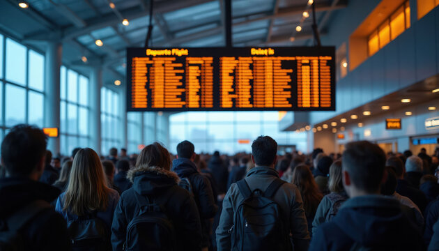 Airport passengers wait near departure board showing delayed flights. People stand in terminal, anticipating travel updates. Many travelers in line, looking at information screens. Air travel chaos.