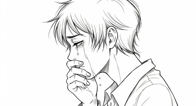 Young Man Crying Emotionally in Sketch Style.