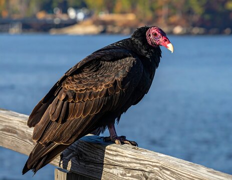 A large, dark bird with a red head and hooked beak perches on a wooden rail, a body of water in the blurred background
