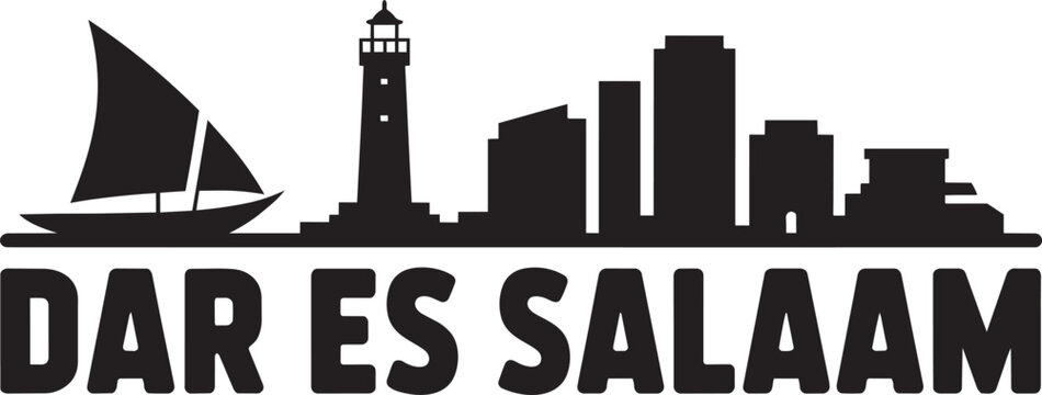 Dar es salaam city skyline vector illustration silhouette with dhow boat lighthouse travel graphic