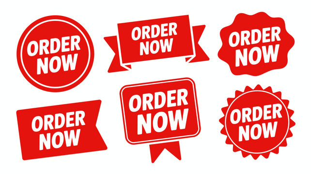 Red vibrant order now call to action buttons set with different shapes and styles