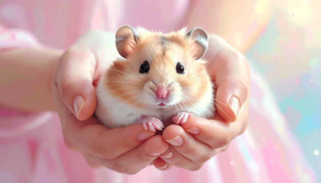 Hamster lucu itu digendong dengan lembut di tangan manusia