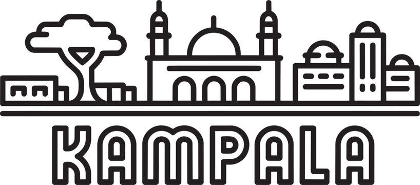 Kampala skyline city landmark illustration with buildings and a tree in line art style with city