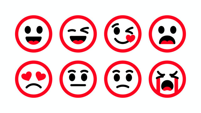 Set of eight emoji style facial expression icons with red border