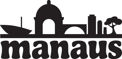Fototapeta premium Manaus city skyline vector illustration with iconic buildings and a boat in silhouette style