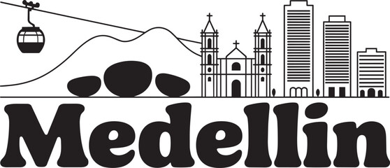 Medellin colombia skyline vector illustration with cable car mountains and city landmarks design © pyenga