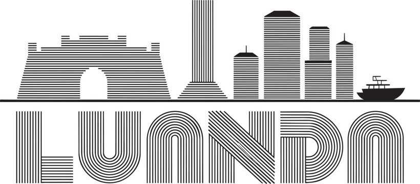 Luanda skyline vector illustration with minimalist parallel line art buildings fortress and ship