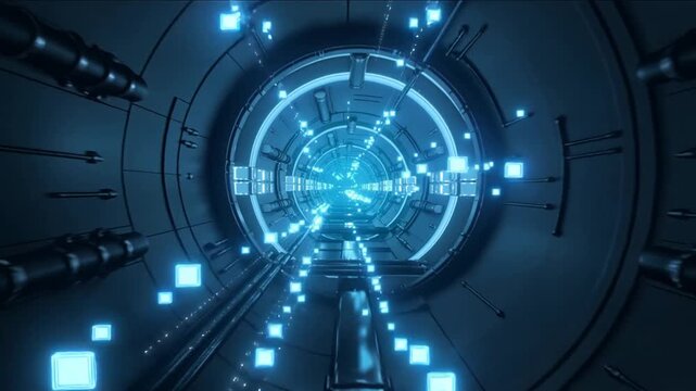 Abstract 3D render of a futuristic blue data tunnel with glowing square particles moving rapidly through a dark, metallic circular corridor, depicting digital information flow.