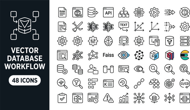 Vector database workflow line icon set featuring embedding search indexing retrieval machine learning analytics and automation systems