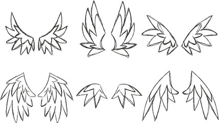 Fototapeta premium A clean and simple vector set focusing strictly on hand-drawn angel wing outlines in black ink. These minimalist sketchy shapes are perfect for mascot logos, delicate photo overlays, and subtle 