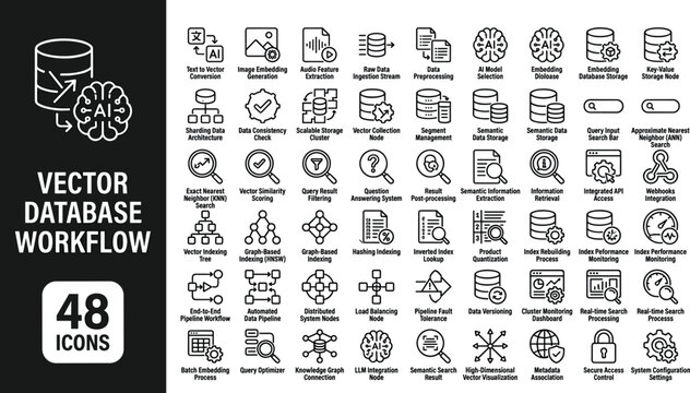 Vector database workflow line icon set featuring data indexing storage retrieval semantic search machine learning and analytics pipeline concepts