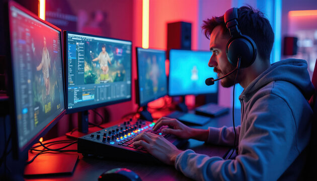 Gamer with headset uses computer and audio mixer. Multiple monitors display game and stream interface. Neon lights create vibrant atmosphere for online competition and digital entertainment.