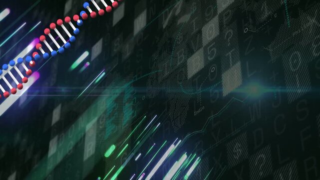 Neon streaks starting from lower-left sending DNA helix swaying while charts clarifying data trends