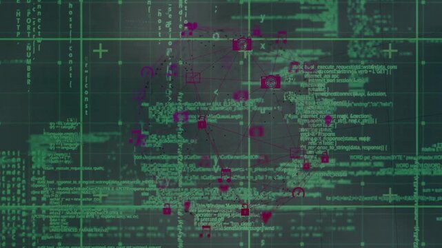 On data pulse central cluster growing, magenta icons linking, code blocks shifting to show network