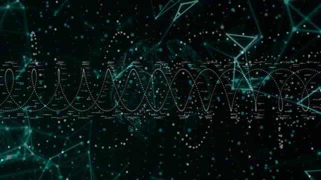 Particle drift sparking dotted waveform waving while globe turning and mesh pulsing to show data
