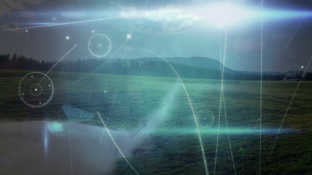 Open grassy field showing central glare pulsing and activating HUD rings, sweeping arcs for tech