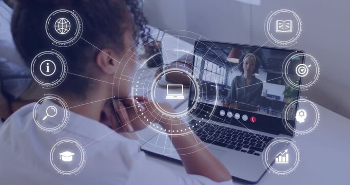 Seated participant joining business call on laptop, leaning in and learning while HUD showing icons