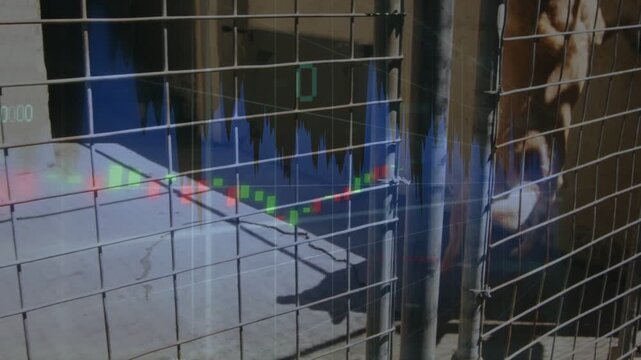 Dog moving to gate, pawing gate, barking, reacting to offcamera cue while finance chart overlaying